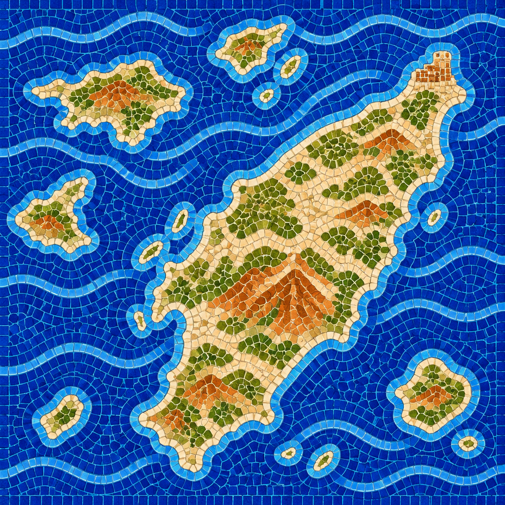 Mosaic map of Rhodes and its neighbouring islands, seen from above
