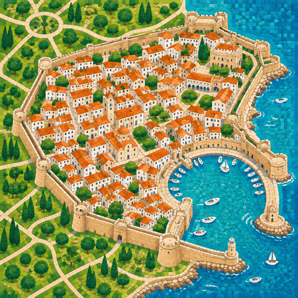 Aerial mosaic of the walled Old Town of Rhodes and its horseshoe harbour